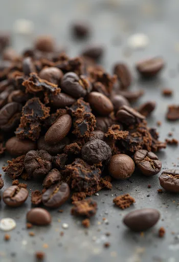 Geroosterde cichoreiwortelkorrels op een snijplank, bij natuurlijk licht