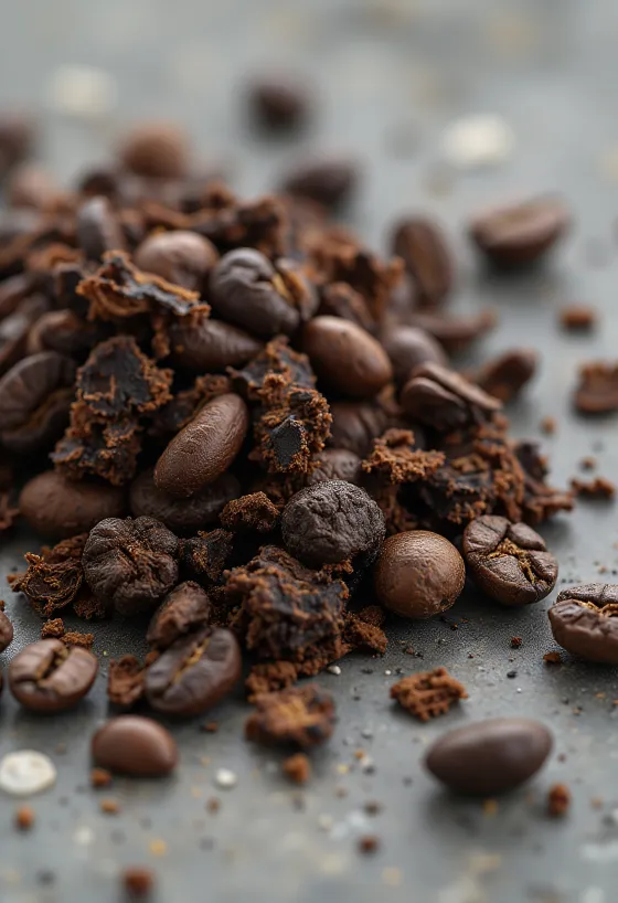 Geroosterde cichoreiwortelkorrels op een snijplank, bij natuurlijk licht