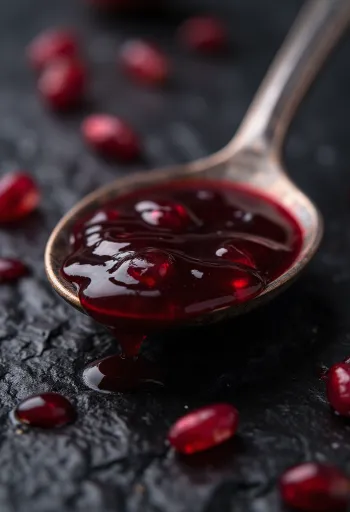 Granaatappelsiroop in een flesje met diepe robijnrode kleur