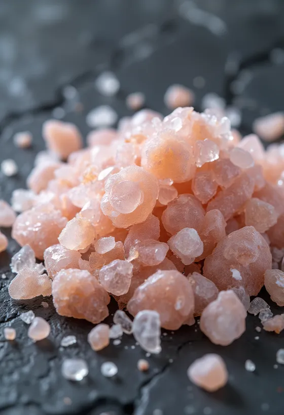 Himalayazout in kristalvorm in een glas, omringd door losse kristallen