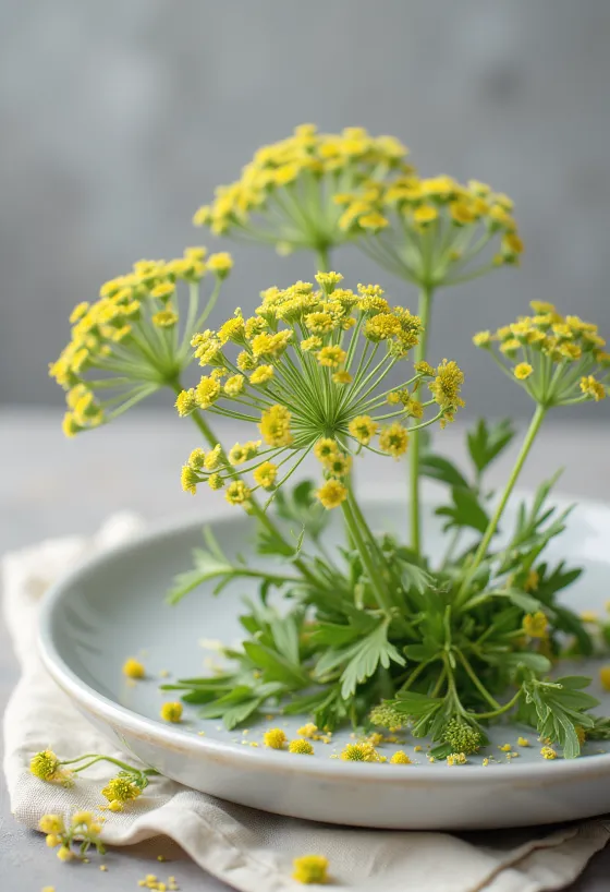Verse gele dillebloemen (schermen) op een bord