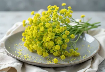 Verse gele dillebloemen (schermen) op een bord
