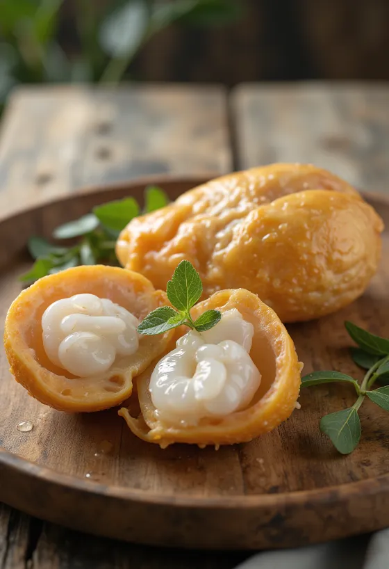 Gepelde langsat partjes op een snijplank