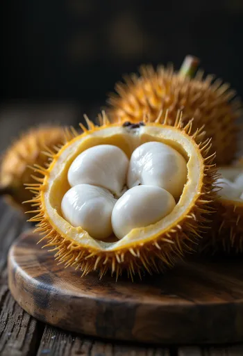 Geopend marang fruit met zichtbaar wit vruchtvlees