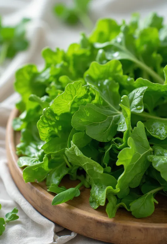 Verse mosterdsla blaadjes op een houten blad met waterdruppels