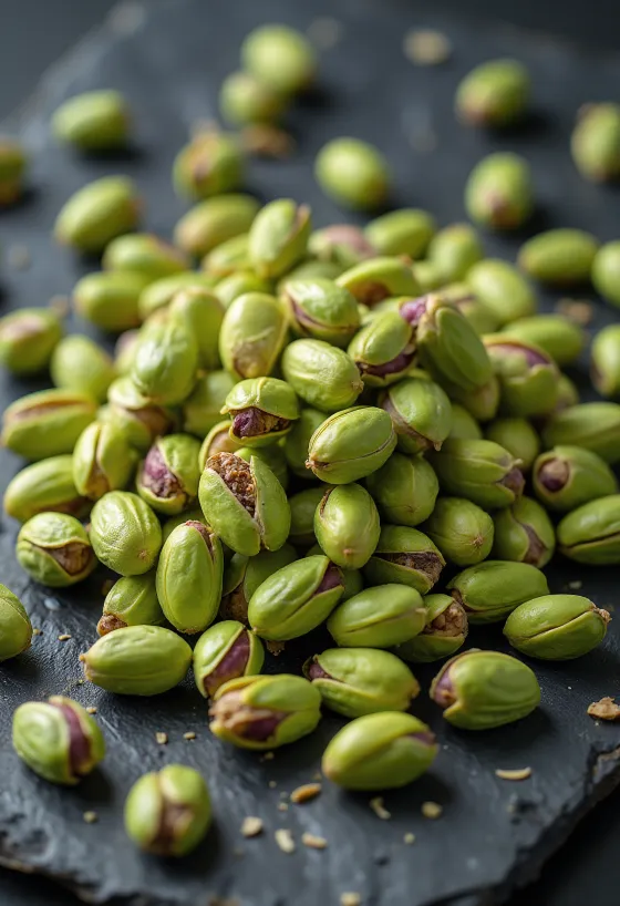 Gepelde, ongebrande pistachenoten op een wit bord