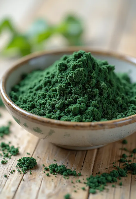 Spirulinapoeder in een klein glazen potje met een diepgroene kleur, omringd door spirulinatabletten