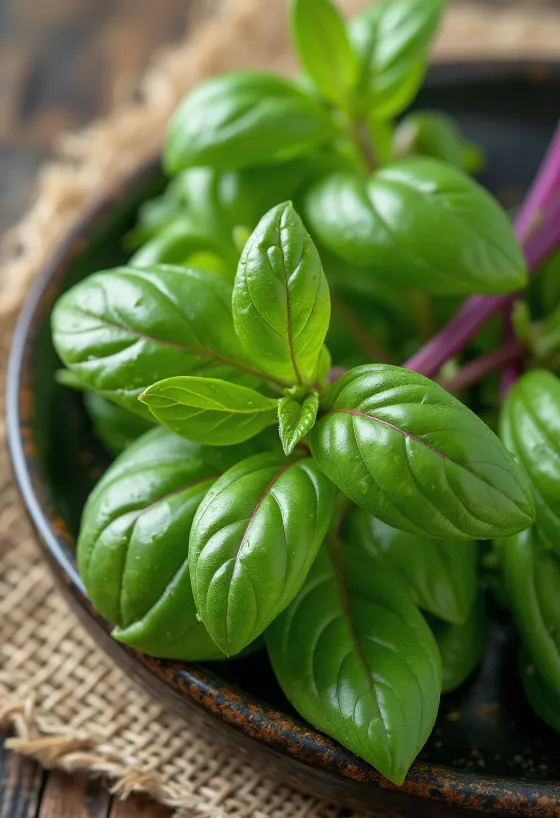 Verse blaadjes Thaise basilicum op een schoon bord