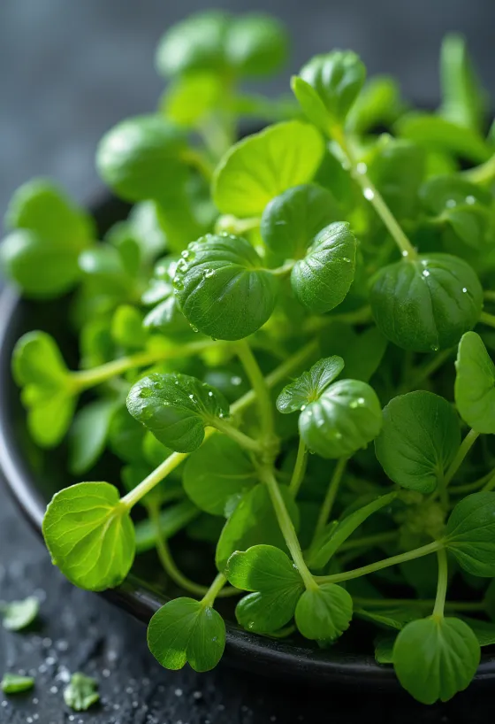 Verse waterkersblaadjes op een houten aanrecht, met waterdruppels