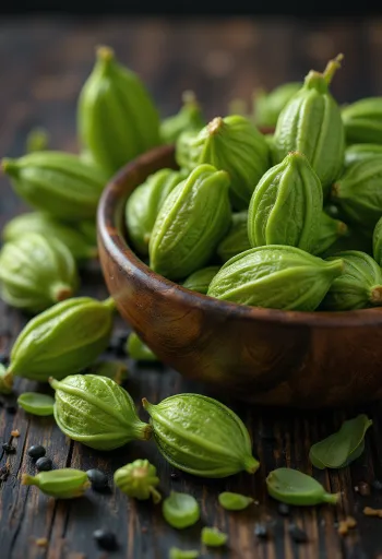 Gedroogde groene kardemomzaden en peulen op een houten keukenblad