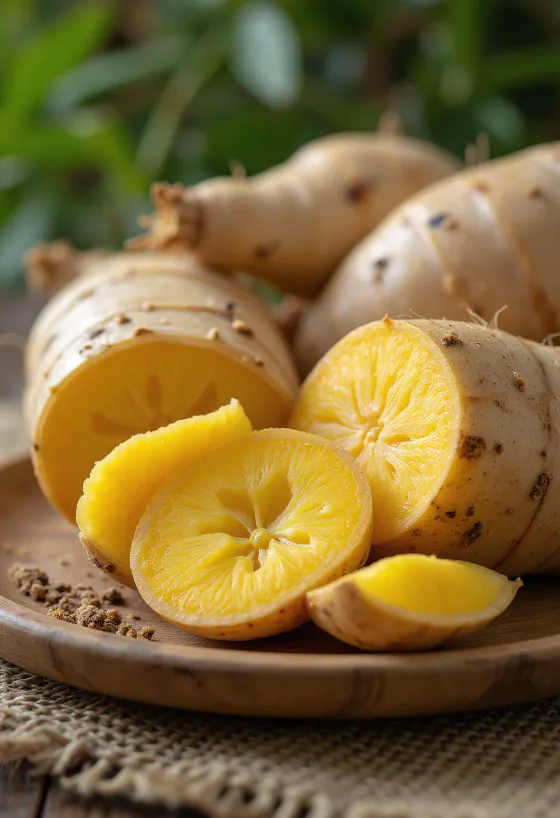 Arracacha wortel, gesneden plakjes op een snijplank