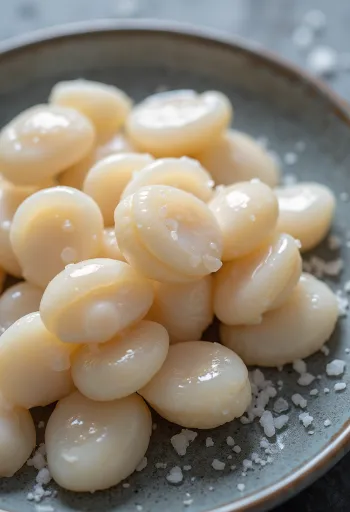 Rauwe kleine kammosselen (bay scallops) op een snijplank
