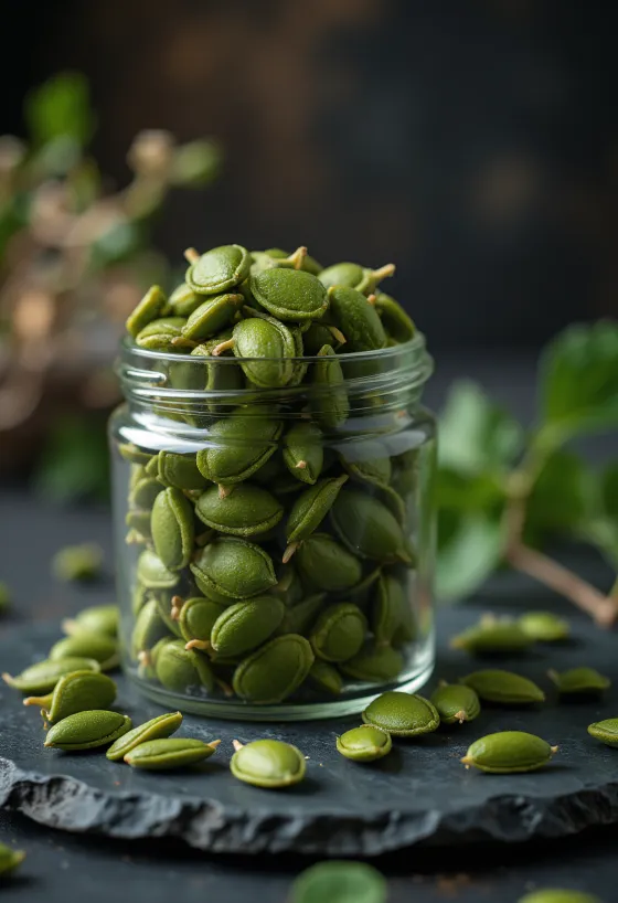 Gepelde pompoenpitten met een glad, groen oppervlak
