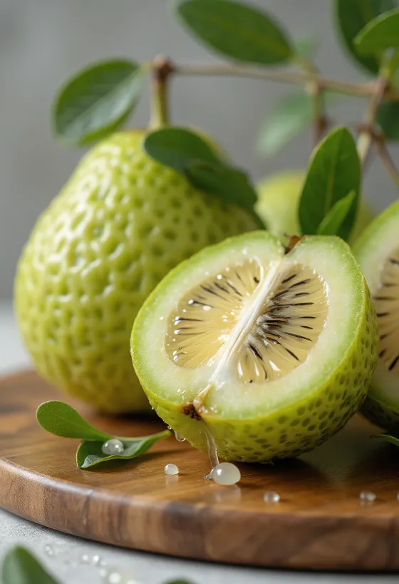 Feijoa vrucht met groene schil en sappig vruchtvlees