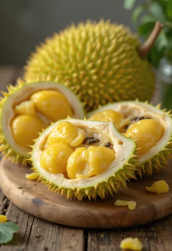 Jackfruit vrucht, geel, vezelig vruchtvlees en groene stekelige schil