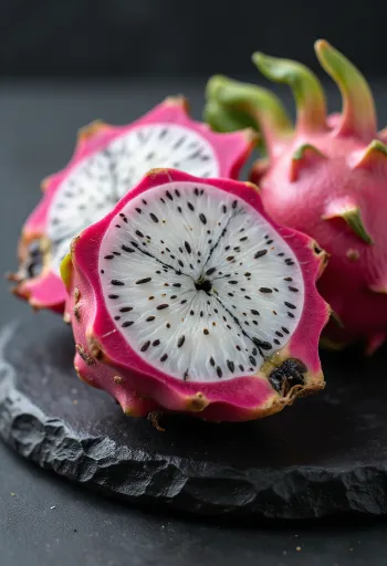 Wit drakenfruit (pitaja), doorgesneden met zichtbare zwarte pitjes