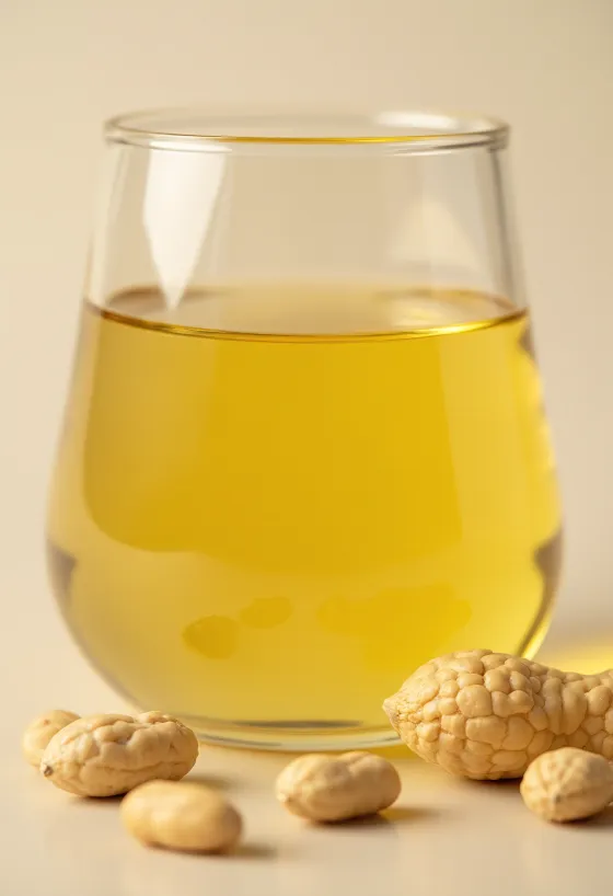 Flesje en schaaltje met heldere pindaolie op een lichte achtergrond