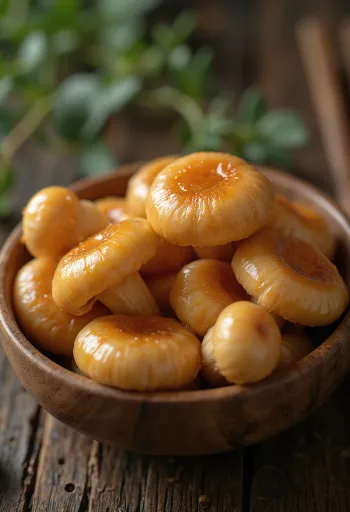 Schoongemaakte en voorbereide nameko paddenstoelen op een houten plank
