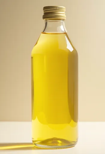 Fles zonnebloemolie en een schaaltje olie op een lichte ondergrond
