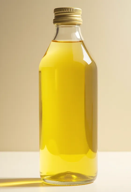 Fles zonnebloemolie en een schaaltje olie op een lichte ondergrond