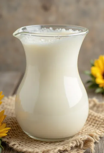 Zonnebloempittenmelk ingeschonken in een glas, met gepelde zonnebloempitten in een kom
