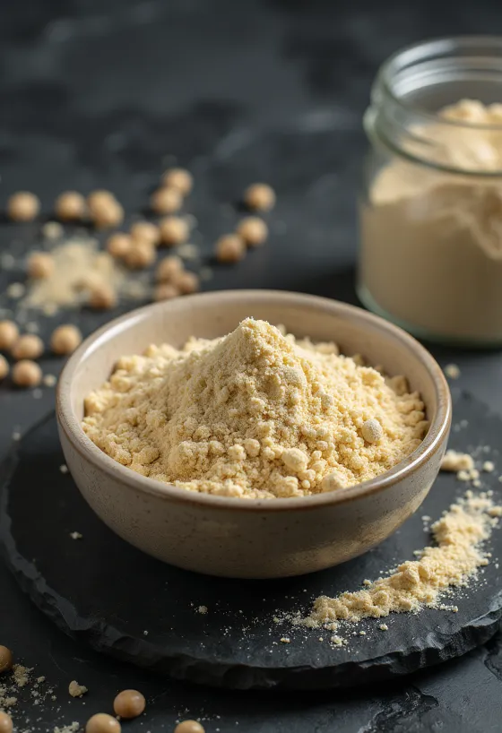 Rauw erwtenproteïnepoeder in een kom, met gele spliterwten