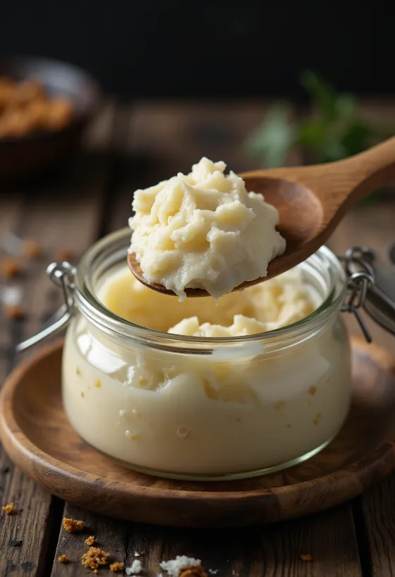 Rauw eendenvet in een glazen kommetje omringd door stukjes vetweefsel