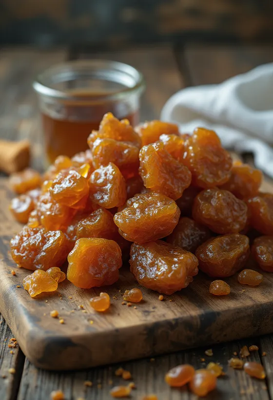 Stukjes ruwe propolis op een houten oppervlak, in natuurlijke staat