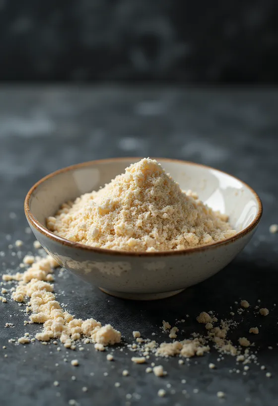 Rauw rijsteiwitpoeder in een lichte beige kleur in een kom, naast bruine rijst