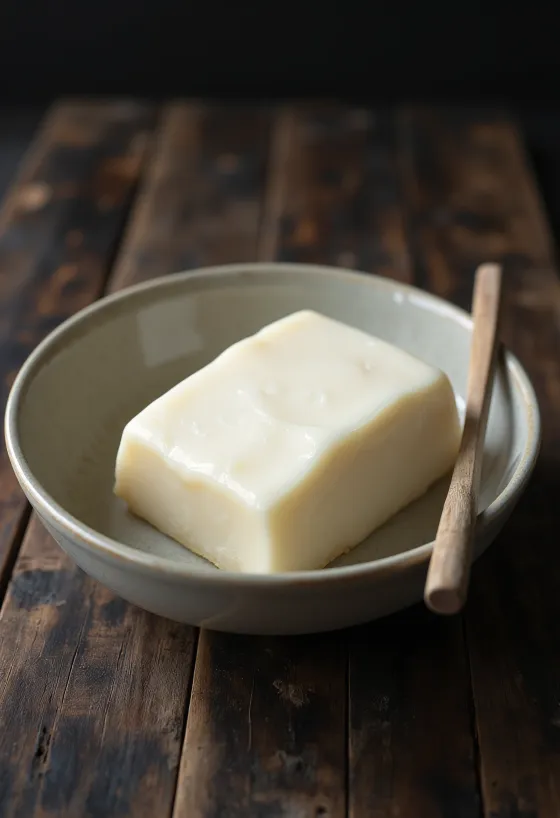 Rauw varkensvet in een schaal met stukjes vetweefsel