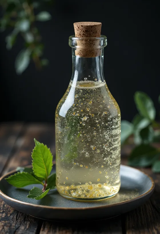 Berkenwater in glazen fles en glas, met berkenbast en twijgjes
