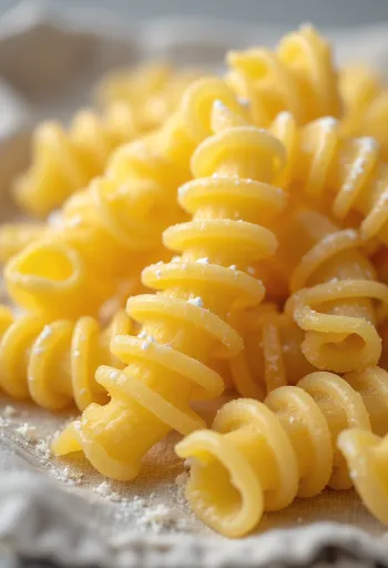 Droge fusilli pasta verspreid in spiraalvorm op een houten oppervlak