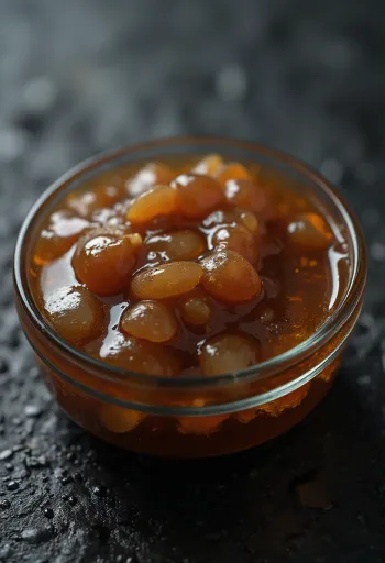 Oestersaus in een keramieken kom, met gekookt oestervlees, sojasaus en suiker in bakjes ernaast