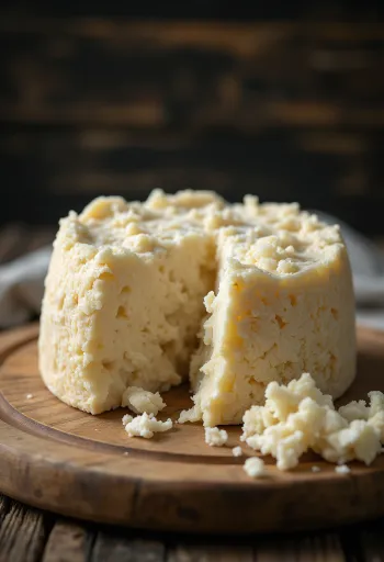 Verse Pecorino schapenkaas in een witte schaal op een houten tafel