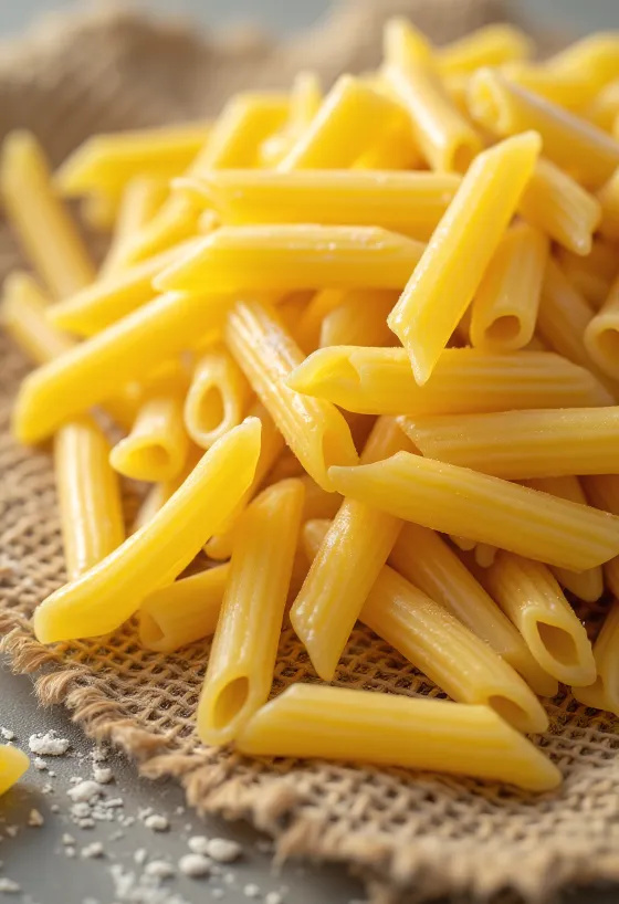 Droge penne pasta met geribbeld oppervlak op een houten achtergrond
