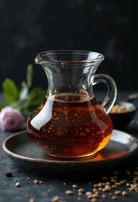 Geroosterde sesamolie in een donkere fles, met een schaaltje en geroosterde sesamzaadjes