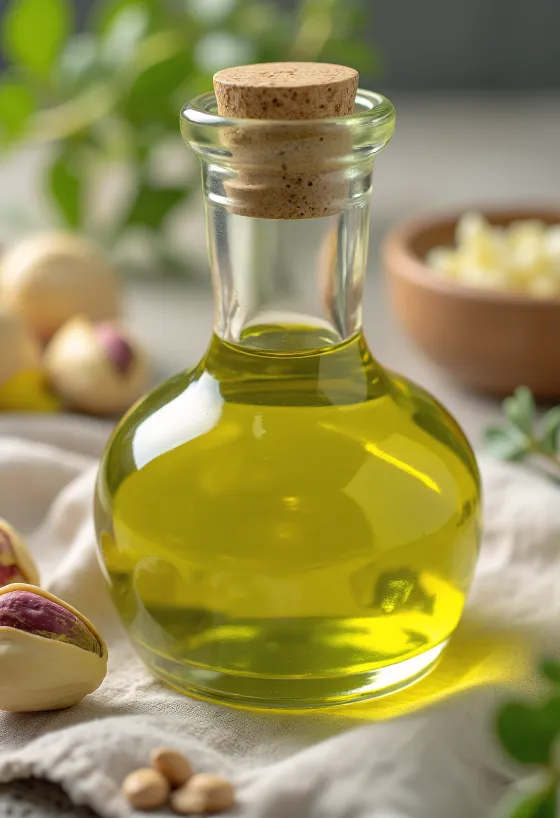 Flesje pistacheolie naast een schaaltje gepelde pistachenoten
