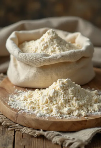 Bakbanaanmeel in een kom met lepel, groene bakbanaan en plakjes