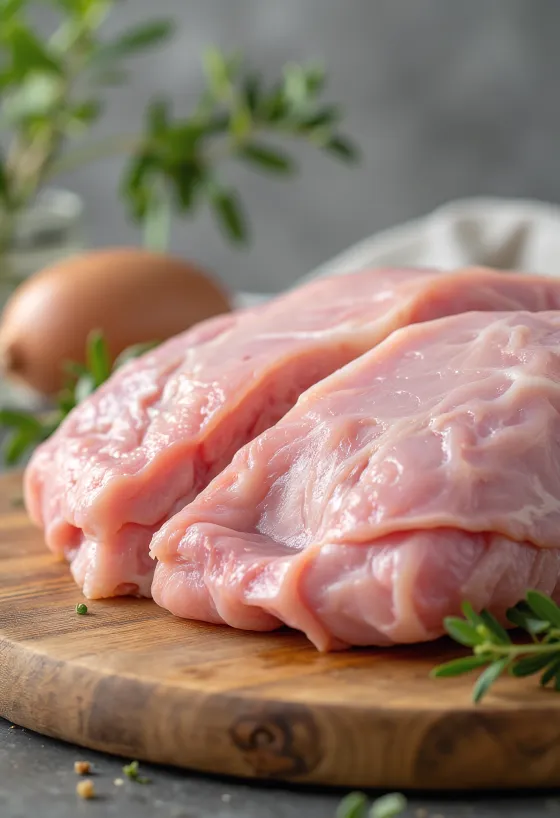 Verse stukjes kalkoenfilet met kruiden en knoflook op een houten plank