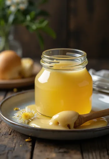 Crèmige koolzaadhoning in een pot met een honinglepel