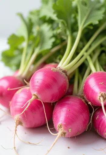 Verse rode radijsjes met groen loof op snijplank, deels gesneden