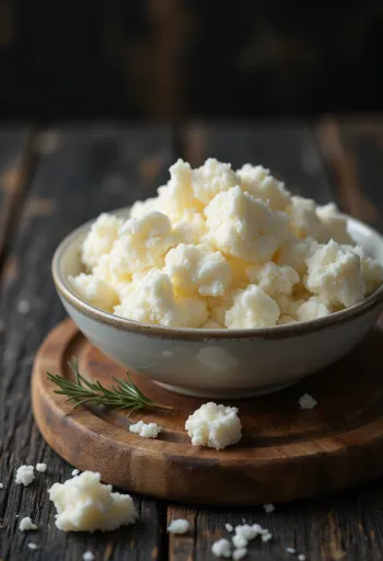Verse ricotta in een witte schaal op een houten tafel