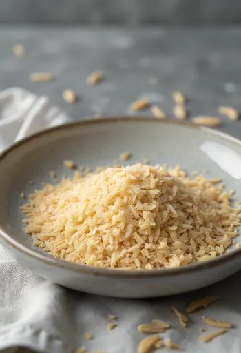 Rijstzemelen in een klein keramisch schaaltje en verspreid op een houten keukenoppervlak