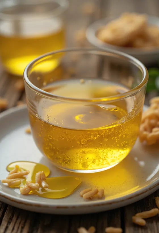 Rijstolie in een fles, met rijstkorrels en zemelen op een natuurlijke achtergrond