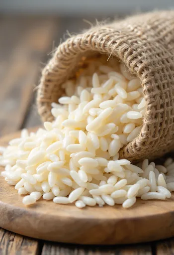 Rijstvlokken in een kom en losjes verspreid met houten lepel