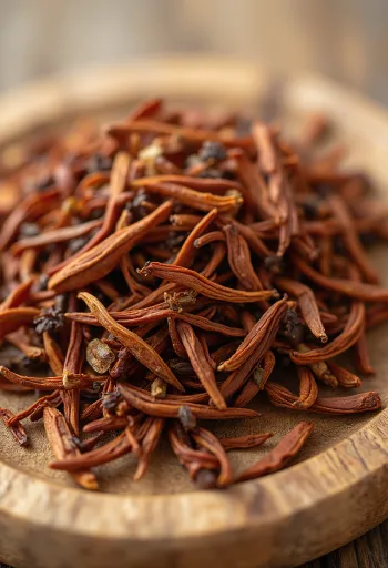 Losse rooibos thee, roodbruine naaldjes in een kom