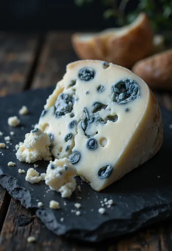 Stuk verse Roquefort kaas in een witte schaal op hout