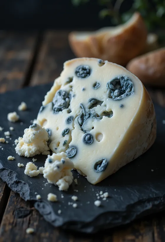Stuk verse Roquefort kaas in een witte schaal op hout