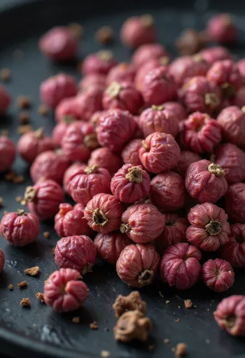 Roze peperkorrels in een houten kom en los verspreid