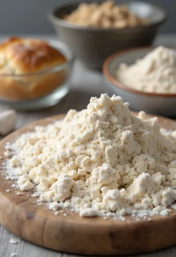 Rauw roggemeel in een kom en los op tafel